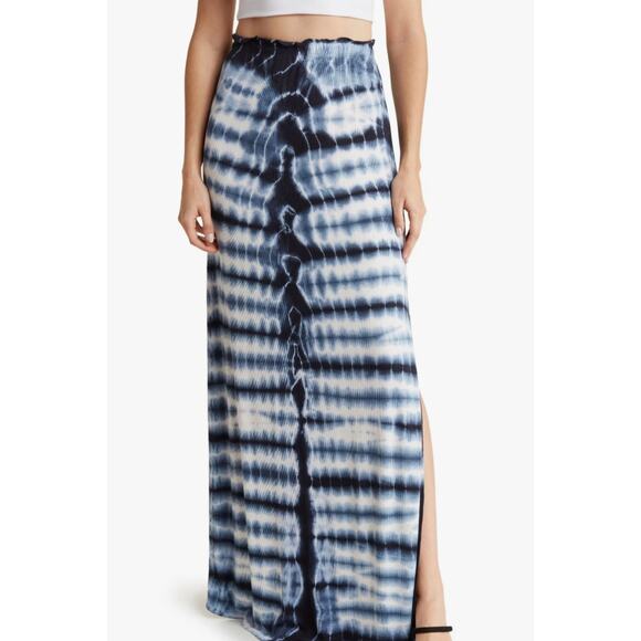 GO COUTURE Tie Dye Slit Long Maxi Skirt Medium Blue White Ruffled Waist Hippie - Picture 1 of 12